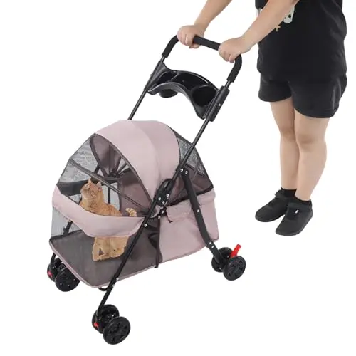 Poussette pour chien jusqu'à 18 kg, avec porte-gobelet, sac de transport pliable avec frein de stationnement, chariot avec fenêtre en maille et panier de rangement pour chiens (couleur racine de lotus