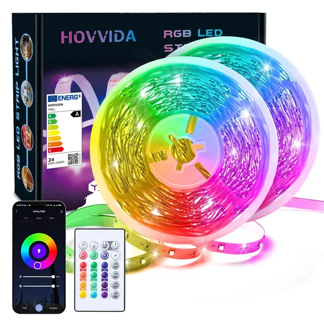 HOVVIDA Ruban LED LED 20M WiFi, Compatible avec Alexa et Google Home, 30 LED/Mètre, 2x10M, 600 LED, RVB 24V Bande LED, APP et Télécommande, Mode Musique, LED pour Chambre, Salon, Cuisine, Fête