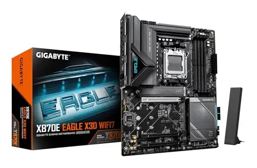 GIGABYTE X870E Eagle X3D WIFI7 Carte Mère – Compatible avec processeurs AMD Ryzen 9000, VRM numérique 14+2+2 Phases, Jusqu’à 9000 Hz DDR5 (OC), 1× PCIe 5.0 + 3× PCIe 4.0, Wi-FI 7, LAN 5 GbE, USB 4