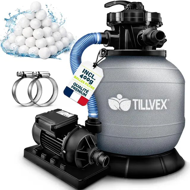 tillvex® Système de Filtre à Sable 7.900L/h + 400g Boules de Filtre | 7 Fonctions de Filtration & Adaptateur 2en1 Ø32-38mm | Filtre de piscine avec indicateur de pression (Gris)