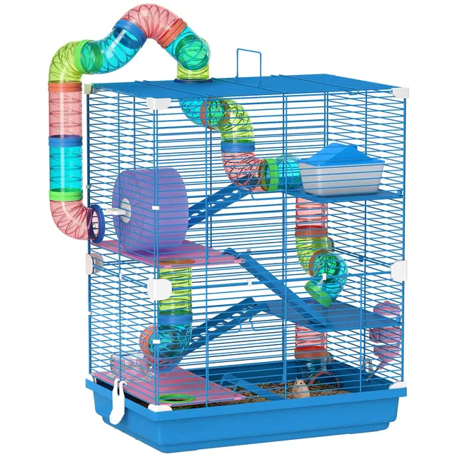 PawHut Cage pour Hamster Rongeur 4 étages avec Tunnels mangeoire Roue Maison échelles dim. 46L x 30l x 58H cm Bleu