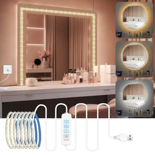 URAQT Miroir LED à Intensité Variable, 3 Couleurs, 9 Niveaux, 2m Coiffeuse et Lumière de Maquillage, Lumière de Miroir en Adhésif, Lampe de Miroirs LED Alimenté par USB pour Coiffeuse