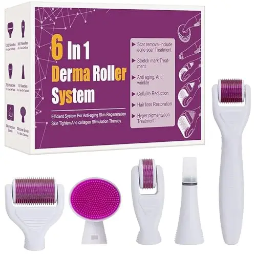 Derma Roller, 6 En 1 Derma Roller 0.5/1/1.5/2mm, Micro Aiguilles Rouleau, Dermaroller Appareil Anti-rides Anti-âge, Retrait de Cicatrice Acne Vergetures, pour Visage Corps Yeux