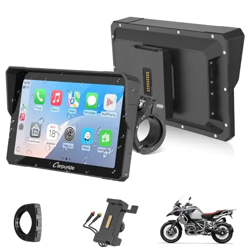 CARPURIDE W702S Pro Moto Carplay Écran avec BM05 Support pour Plug-and-Play, sans Fil CarPlay et Android Auto, 7" Étanche Tactile Écran, Double Bluetooth, Filaire Contrôleur, Navigation, Boussole.