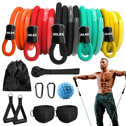 Bande Elastique Musculation,5 Bande de Resistance Elastique Sport Fitness avec poignées, Sangles de Cheville, ancrage de Porte pour Pilates,Yoga