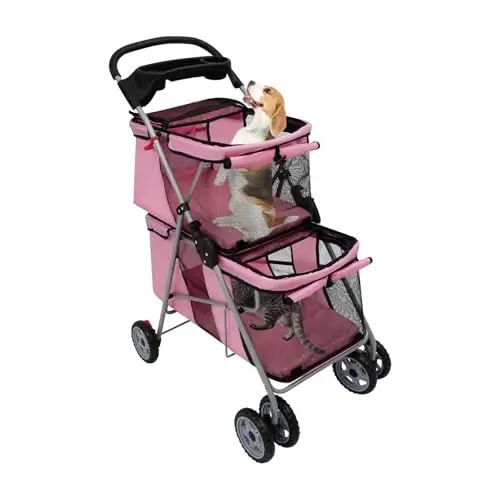 Poussette double pliable pour chien, 2 étages avec fenêtres en filet, pour animaux domestiques jusqu'à 20 kg, pour 2 petits chiens et chats, 4 roues résistantes à l'usure, sac de transport (rose)