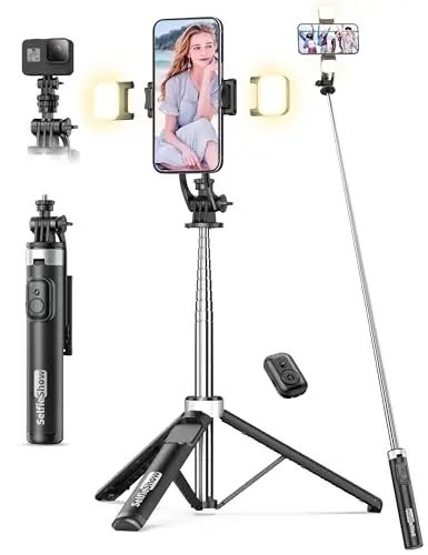 135CM Perche à Selfie Trépied avec 2 Lumière, Trépied pour Téléphone avec Télécommande Détachable, Portable Selfie Stick Trepied Extensible avec Vis de 1/4" Compatible pour iPhone/Android/GoPro/Camera