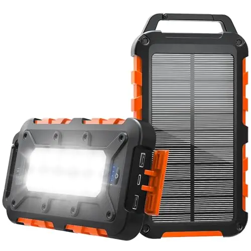 Batterie Externe Solaire 10000mAh PD 22,5W Chargeur Solaire avec 2 Ports USB et Une Entrée USB-C Charge Rapide Solar Power Bank Imperméable Compatible avec Téléphone Tablette Camping, Orange