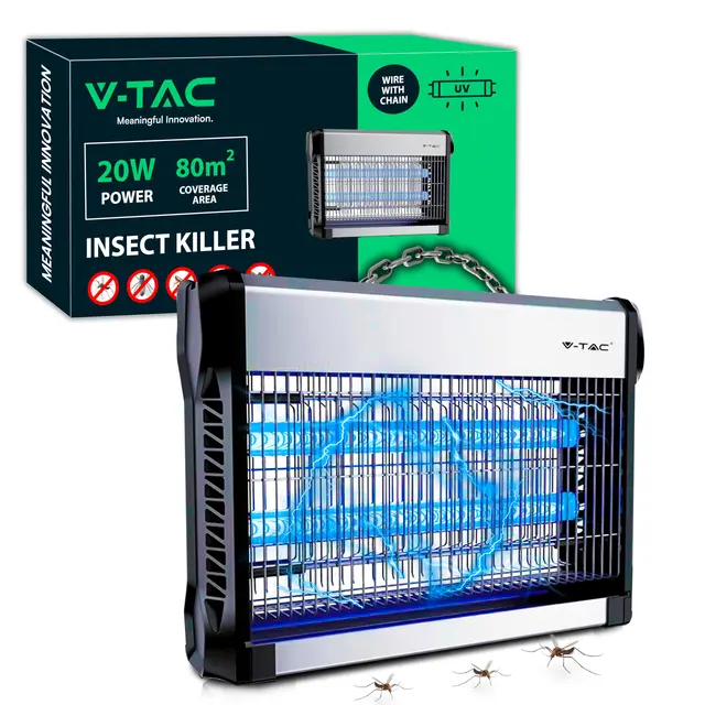 V-TAC Lampe Anti Moustique Électrique 20W avec 80m² de Surface Efficace - Design Slim - Moustiquaire avec Lumière Bleue UV pour Intérieur et Extérieur - Piège Contre Moustiques et Insectes