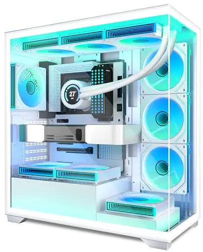 ANSAITE Boîtier PC ATX 7 Ventilateurs PWM ARGB pré-installés, Boîtier PC Gaming Mid-Tower, Boîtier Informatique panoramique en Verre trempé avec Type-C, Support de radiateur 360mm,Blanc,C9