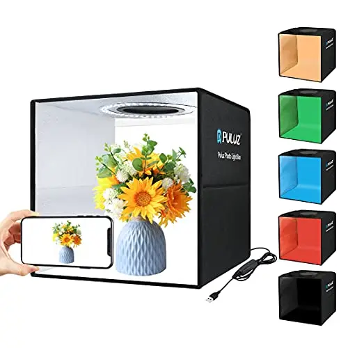 PULUZ Mini Photo Studio Box 30cm Boite a Lumiere Photo Box Portable Light Box Photographie Accessoire avec 112 Perles LED et 6 Couleurs PVC Fonds de Photos