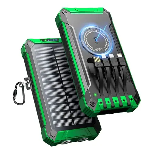Batterie Externe Solaire avec 4 Câbles, 26800mAh Chargeur Solaire Portable sans Fil Power Bank USB-C 15W Charge Rapide 6 Sorties 3 Entrées pour Téléphone, avec Lampe de Poche, Mousqueton