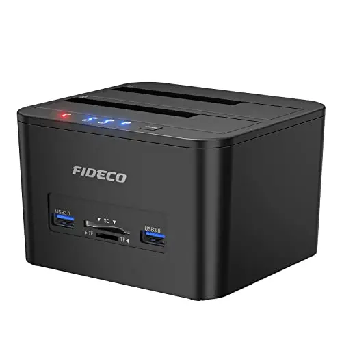 FIDECO Station d'accueil de Disque Dur, USB 3.0 Docking Station pour 2,5" et 3,5" SATA HDD SSD, avec Lecteur de Carte TF & SD, supporte Clone Hors Ligne