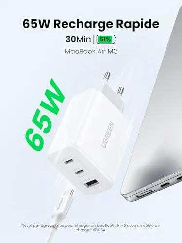 UGREEN Zapix 65W Chargeur USB C Rapide 3 Ports GaN Tech Compatible avec iPhone 17 Pro Max Air 16 15 14 13 12 iPad MacBook Neo Air Pro M5 M4 M3 M2 M1 Galaxy S26 S25 S24 A15 Pixel 10 9 8 XPS (Blanc)