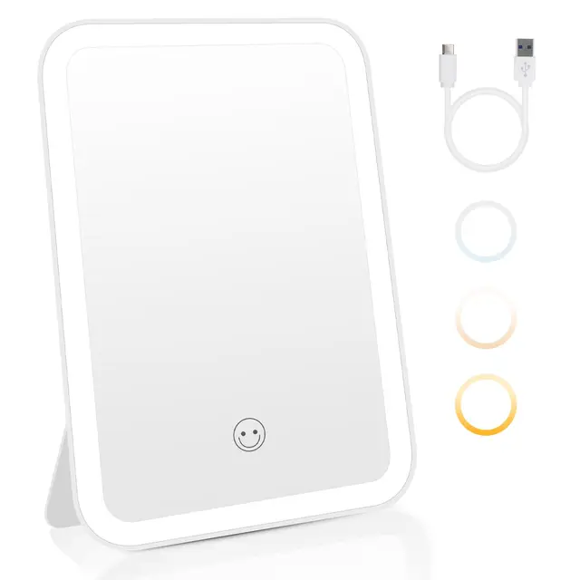 CNMTCCO Miroir LED, Miroir Maquillage à 3 LumièRes De Couleur, Mirroir Maquilleur Lumineux, Rechargeable Et Facile à Transporter (20 * 13,5 Cm Blanc)