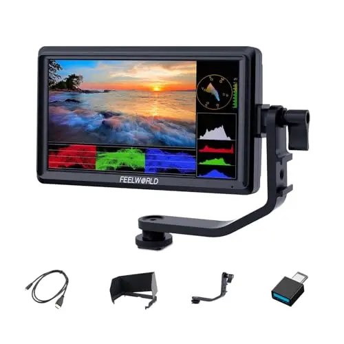 FEELWORLD FW568PRO Moniteur de Caméra 6 Pouces Écran IPS 1200Nits 1920x1080 Full HD Entrée/Sortie 4K HDMI avec 3D LUTs Vecteurscope Focus Peaking avec Pare-Soleil pour Appareil Photo DSLR et Gimbal
