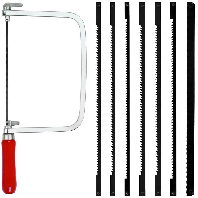 Kit de scie à chantourner avec 7 lames de scie (14/18/24 dents) et scie à chantourner pour métal et bois, rotation à 360 °, avec manche en bois, scie à chantourner avec lames de scie