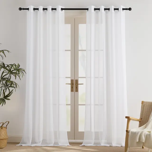 PONY DANCE Rideau Voilage Salon - Voilages Blanc Décorations Maison Chambre Fenêtre Intérieur 140x245cm Voile en Lin Effet Moderne Jolis Transparent à Oeillets, Double Pièces
