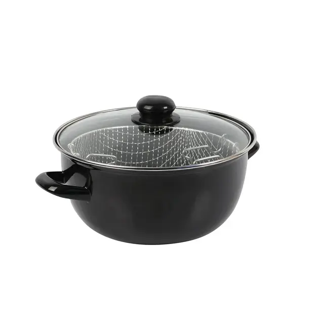 Crealys 545412 Friteuse Traditionnelle Ø20 cm en Acier Émaillé avec Panier & Couvercle Verre – Cuisson à l’Ancienne pour Frites Dorées & Croustillantes – Tous Feux Dont Induction