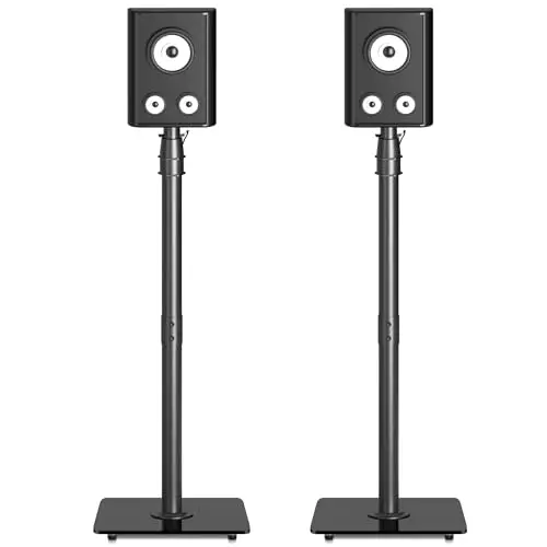 Suptek Lot de 2 Pieds d'Enceintes Réglables en Hauteur 86-113cm, Support de Haut-Parleur avec Gestion de Câbles, Base en Verre Trempé, pour Home Cinéma Enceintes Bibliothèque Satellites SFM001