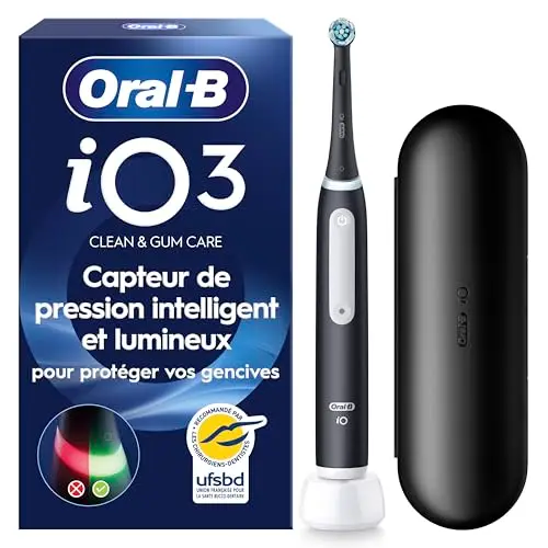 Oral-B Brosse à Dents Electrique iO 3 avec 1 Brossette de Rechange, Noire – 3 Modes de Brossage Silencieux dont Douceur et Blancheur, Capteur de Pression sur les Gencives, Batterie Rechargeable