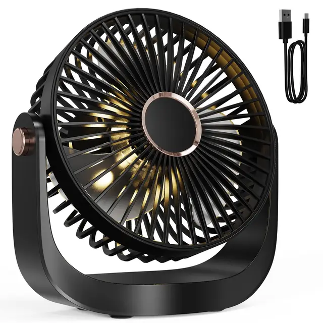 Ventilateur de Table, Ventilateur Silencieux Rechargeable USB, 5 Vitesses avec Veilleuse, Réglable à 360 °, 3000mAh Batterie Pour Maison, Bureau, Extérieur, Cuisine, Camping, Noir