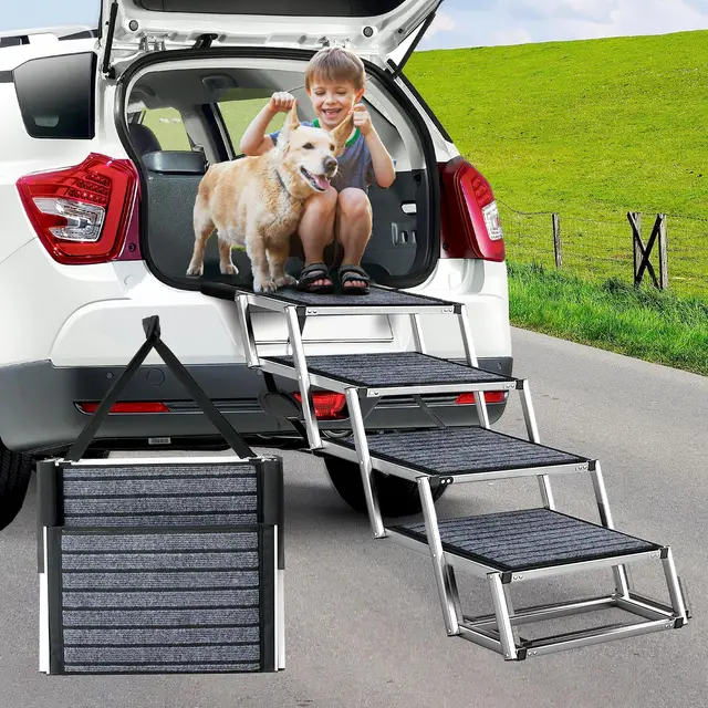 Escalier voiture pour grands chiens avec tapis, extra large 4 marches rampe pour chien voiture pliable, rampe pour chien voiture pliable légère, escalier pour chien antidérapant pour camions et SUV