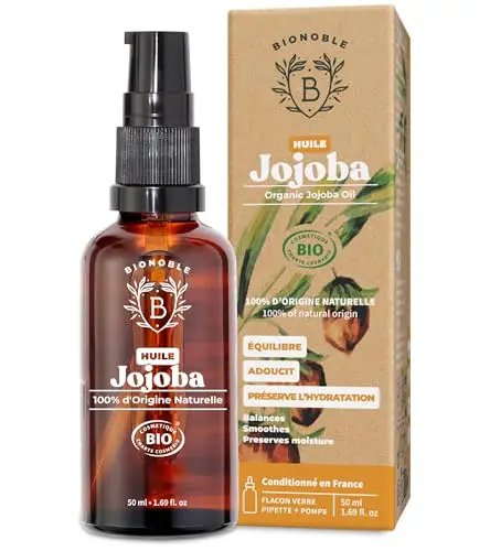 BIONOBLE Huile de Jojoba Bio Pressée à Froid 100% Pure - Équilibre le Sébum, Adoucit, Anti-Acné - Huile Jojoba Cheveux, Visage et Corps - Vegan Oil - Flacon Verre avec Pompe et Pipette - 50ml