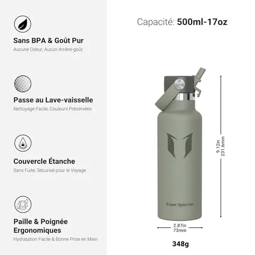 Super Sparrow Gourde Isotherme - Bouteille Isotherme - 350ml, 500ml, 750ml, 1L, 1.2L - Gourde Sport Étanche Avec Couvercle à Paille - Gourde Enfant sans BPA, pour Bureau, Maison