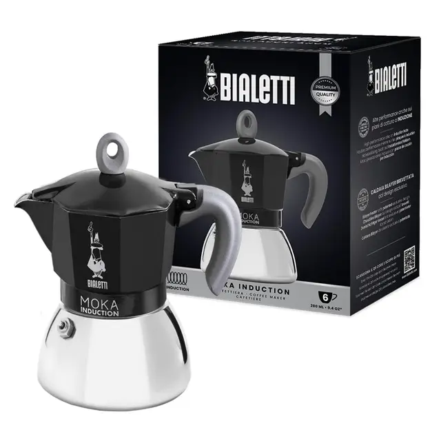 Bialetti - Moka Induction, Cafetière Moka, Convient à Tous Les Types de Plaques de Cuisson, 6 Tasses d'Espresso (280 Ml), Noir