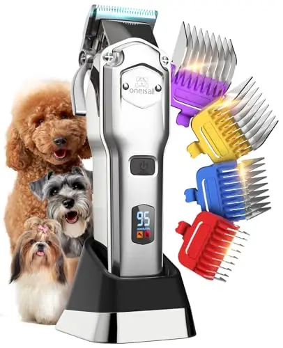 Oneisall Tondeuse pour Chien Silencieuse avec Peignes de Guidage en Métal, Tondeuse Chien Professionnelle sans Fil, Hautes Performances pour Poils Épais/Frisés/Fins/Longs/Ondulés (Argent)