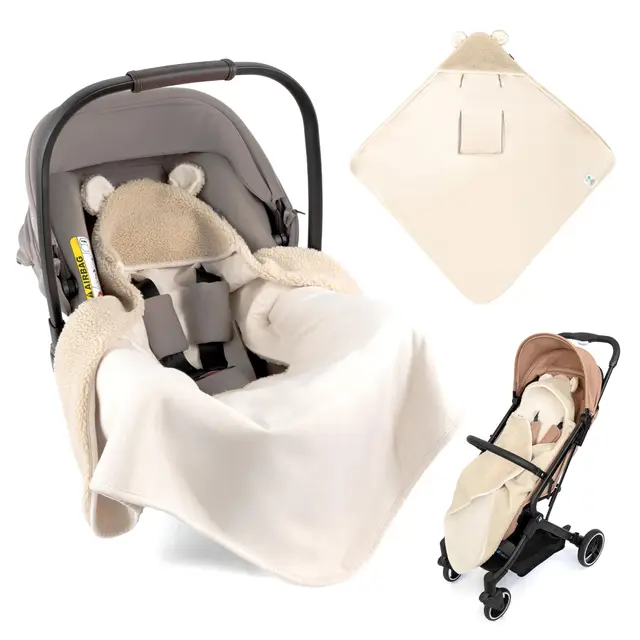Zamboo Couverture Siege Auto Bebe en Polaire Peluche 80x80 cm – Plaid Bébé Enveloppant avec Fentes Harnais, Oeko-Tex – pour Siège-Auto, Cosy, Nacelle et Poussette – Teddy Beige