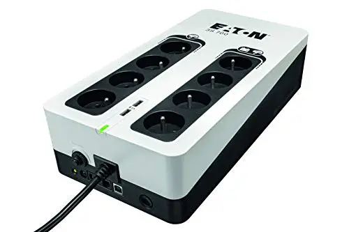 Eaton Onduleur Parafoudre 3S 700 FR - Off-Line UPS - Alimentation sans Interruption - Puissance 700VA (8 Prises FR, Silencieux, 2 Ports de Charge USB Type-A) - Interface USB - Noir&Blanc (3S700F)