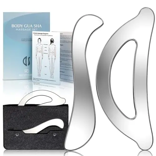 Rena Chris Gua Sha Outils faciaux – Grattoir musculaire en acier inoxydable pour thérapie physique et massage des tissus profonds, outils Gua Sha pour le corps avec pochette de voyage (kit de 2 pièces