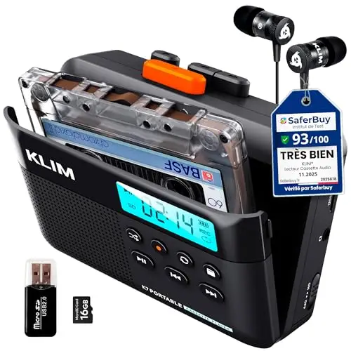 Cassette Player KLIM K7 - Lecteur Cassette Audio - Convertisseur Audio en MP3 - Microphone et Haut-Parleur intégrés - Batterie Rechargeable - Ecouteurs - Carte SD 16GB - Noir-Orange