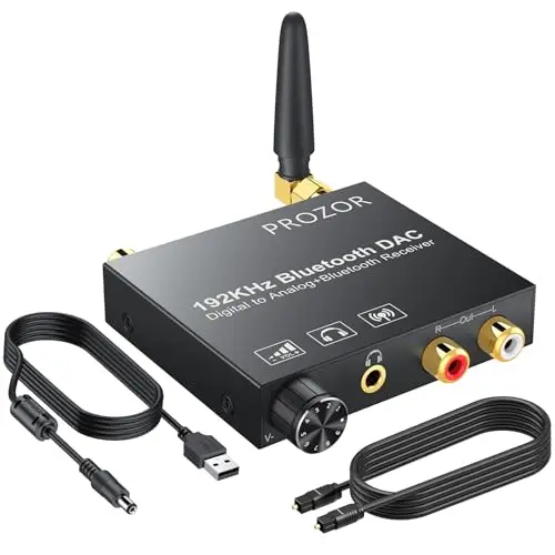 PROZOR Convertisseur DAC 192 kHz Bluetooth 5.0 Récepteur avec Volume Réglable Adaptateur Optique Jack 3,5mm Audio Stéréo L/R Digital Toslink vers Stéréo L/R RCA avec Optique Câble