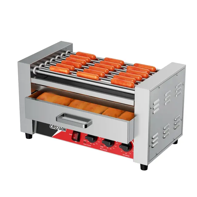 CROSSON 2 IN 1 Hot Dog Machine 7 Rouleaux,1350W Machine à Hot Dog Professionnel avec Chauffe-pain en Acier Inoxydable,Double Contrôle de Température(espace pour 18 saucisses)