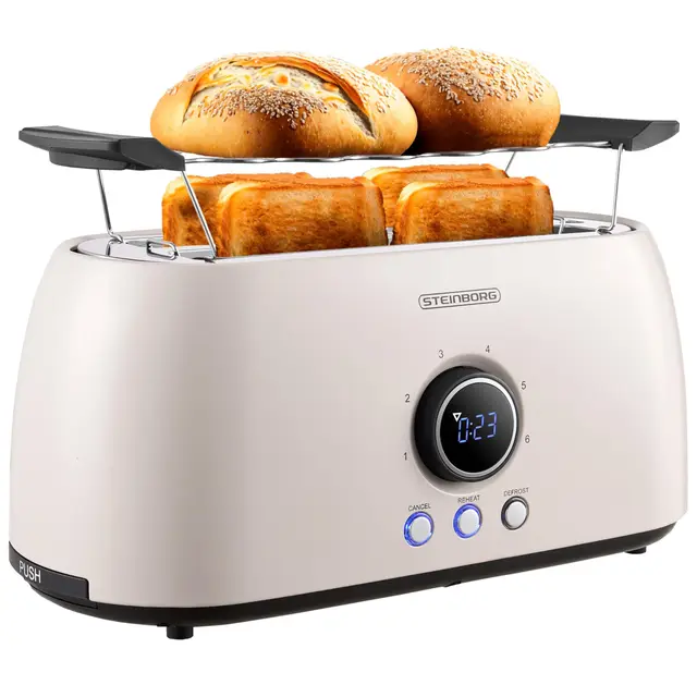 Steinborg Grille-pain pour 4 tranches avec grille à viennoiseries - Arrêt automatique - Double fente - Écran LED avec affichage du temps restant - Beige