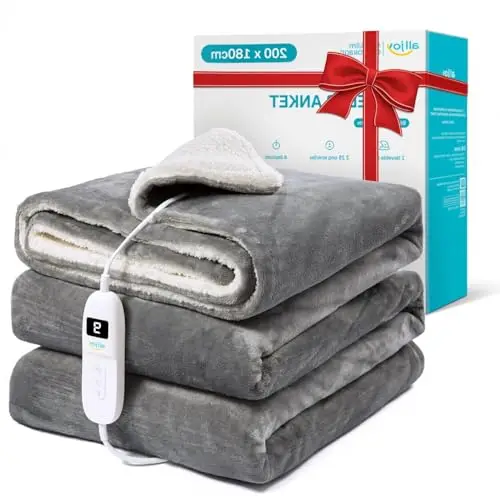 ALLJOY Couverture Chauffante 200x180cm, Plaid Chauffant 2 Places avec Arrêt Automatique & 9 Niveaux de Température, Chauffage Rapide, Flanelle, Lavable en Machine, Gris Anthracite