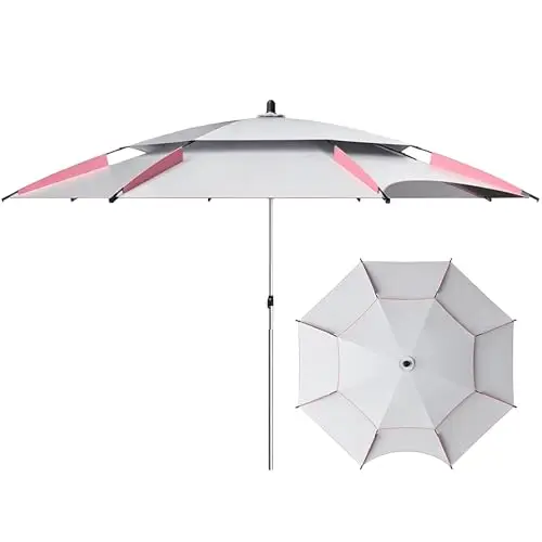 Parasol De Patio Et De Pêche Double Toit Rose/Gris, Inclinable Et Rotatif À 360°, Protection UV50+ 99% Et Étanche, Ombrelle Extérieure Pour Jardin, Plage, Terrasse Et Pêche