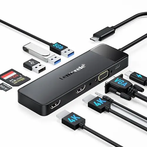 Lemorele Docking Station d'accueil USB C, Adaptateur Hub USB C 10 en 1 vers Double HDMI 4K, VGA, USB 3.0, 2 USB 2.0, 100W PD, SD/TF, AUX 3,5 mm pour MacBook Pro/HP/Dell/Lenovo/Acer et Plus