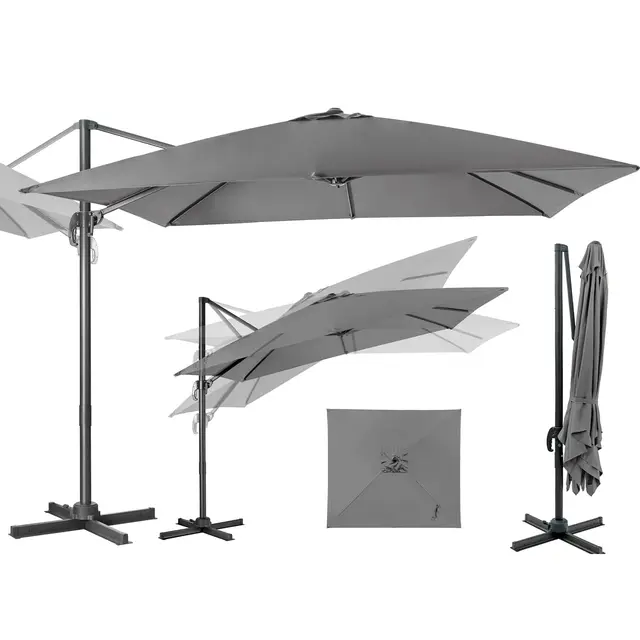 GOPLUS Parasol de Jardin Exterieur, Parasol Déporté 3x3M, avec Toile Inclinable à Double Couche, Manivelle, 8 Baleines, Rotation à 360°, Anti-UV, pour Balcon Terrasse Patio, Gris