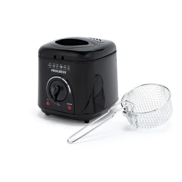 Progress Friteuse Compacte 1L Mini 950W, Panier de Cuisson Amovible Antiadhésif, Facile à Nettoyer, Antidérapant, Contrôle de Température Réglable, Filtre Réducteur d'Odeurs, Garantie 3 ans