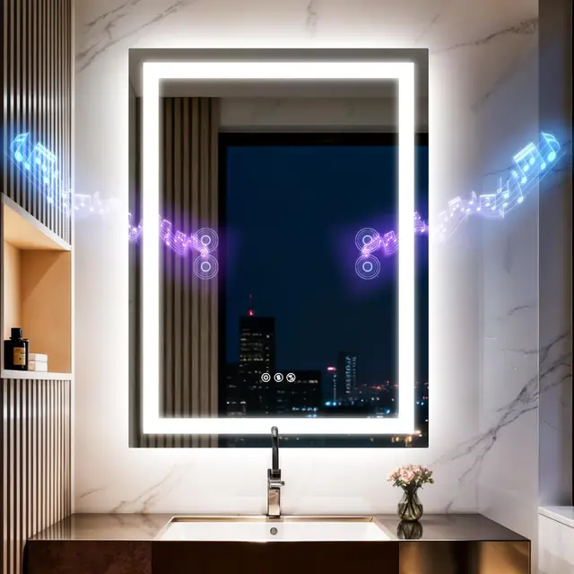 Miroir de salle de bain LED avec lumières 50x70cm, double haut-parleur Bluetooth, anti-buée, 3 températures de couleur, luminosité à intensité variable, fonction mémoire, étanche, support mural, verre