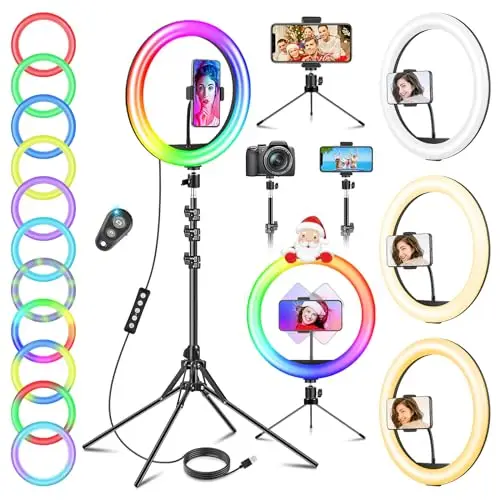 11.5'' Ring Light avec Trépied Grand, Anneau Lumineux Professionnel avec 40 RVB Mode 13 Niveaux pour Youtube/Maquillage, LED Lampe Anneau Lumière Flashs pour Appareils Photo