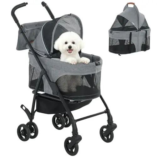 PawHut Poussette pour Chien 3 en 1 Détachable - Pousse-Chien Pliable avec Nacelle Amovible et Sans Fermeture Éclair - Suspension Tout-Terrain pour Petits Chiens et Chat de 10kg, Gris