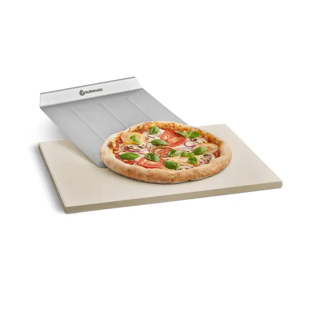 BURNHARD Pizzastein und Pizzaschaufel für Backofen, Gasgrill & Holzkohlegrill aus Cordierit und Edelstahl für Brot, Flammkuchen & Pizza, rechteckig - 38 x 30 x 1,5 cm