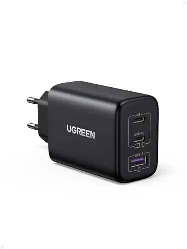 UGREEN Zapix 65W Chargeur USB C Rapide 3 Ports GaN Tech Compatible avec iPhone 17 Pro Max Air 16 15 14 13 12 iPad MacBook Neo Air Pro M5 M4 M3 M2 M1 Galaxy S26 S25 S24 A15 Pixel 10 9 8 XPS (Noir)