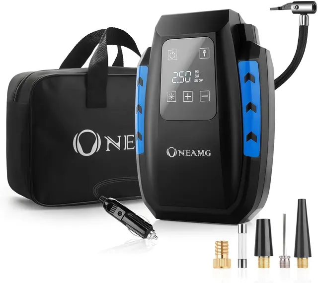 Compresseur à Air Portatif 12V, Gonfleur Pneus Voiture 120W, Electrique Compresseur Air avec Affichage Digital et Lumière LED, 3M Câble pour Voiture Vélo (Bleu)