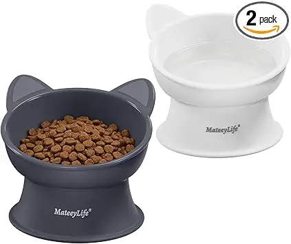 MateeyLife Gamelle Chat Surélevée, Lot de 2 Bols Gamelle Surelevee pour Chat avec Design Incliné à 15°, Gamelles pour Chats Anti-Fatigue des Moustaches D’intérieur et Petits Chiens, Blanc & Gris